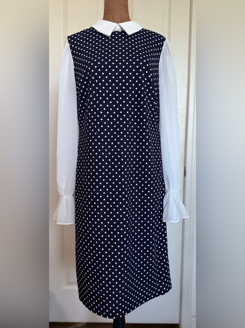 Women’s Polka Dot Navy and White Long-Sleeve Dress